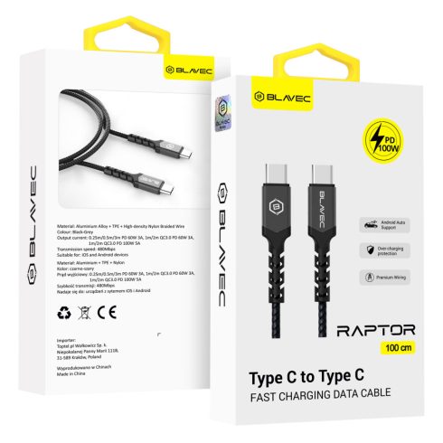 Blavec Raptor - 1m USB-C - USB-C (fekete) 100W