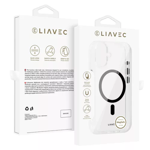 iPhone16 - Hátlap tok MagSafe - átlátszó / fekete - Liavec Glossy