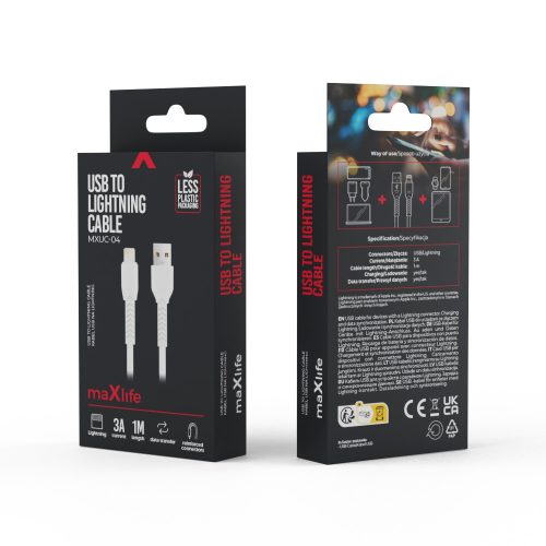 Adatkábel - 1M - USB-A - Lightning - fehér - Maxlife MXUC-04 - 3A