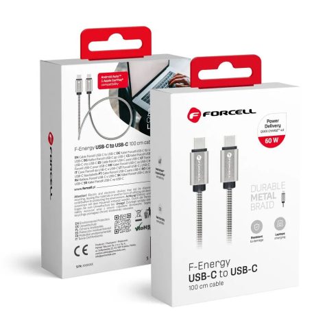 Adatkábel, USB-C - USB-C - fém - 60W - Forcell