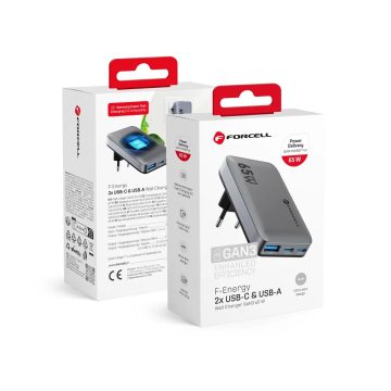   Hálózati töltő, FORCELL F-ENERGY GaN III VT-47 - 2 x Type C + USB A PD QC4.0 4A 65W (szürke)