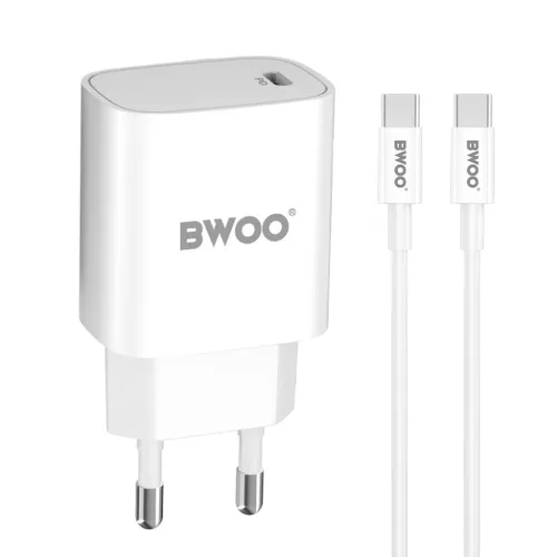 Hálózati töltő, BWOO PD 20W + USB-C /USB-C fehér 1M