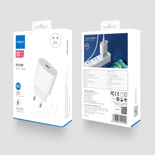 Hálózati töltő - 20W - USB-C + Lightning - fehér - Rock T18+P8