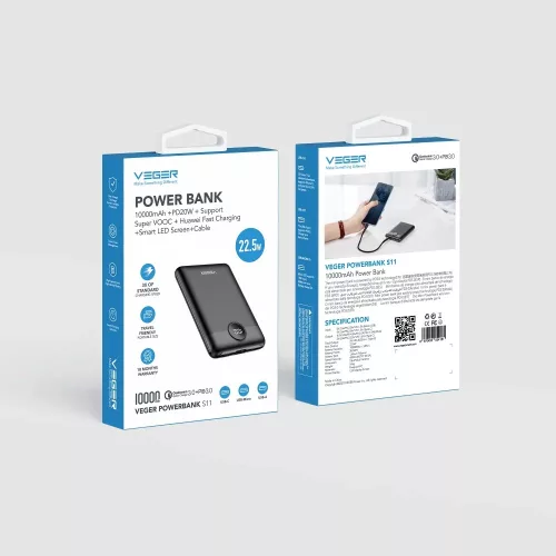 Powerbank - 10000 mAh - fekete - Veger PD QC3.0