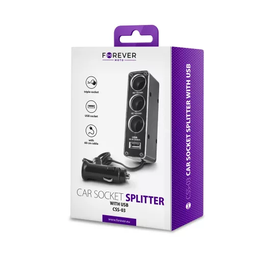 Autós elosztó - 3in1 - 1x USB-A 3x DC 12/24V - fekete - Forever CSS-03