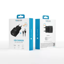   Hálózati töltő + kábel - 2A - USB-A - fekete - Forever TC - Lightning
