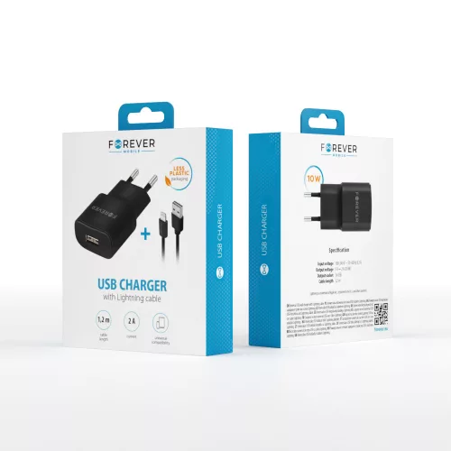 Hálózati töltő + kábel - 2A - USB-A - fekete - Forever TC - Lightning
