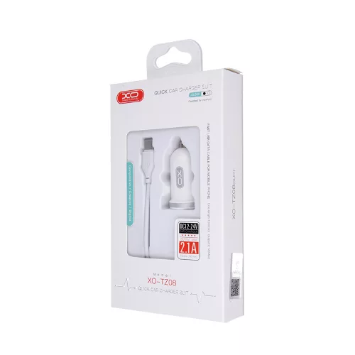 Autós töltő - USB-A + USB-C kábel - 2.1A - fehér - XO-TZ08
