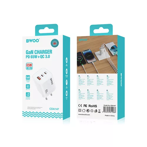 Hálózati adapter - 65W - 2xUSB-C, USB-A - fehér - BWOO CDA147PD