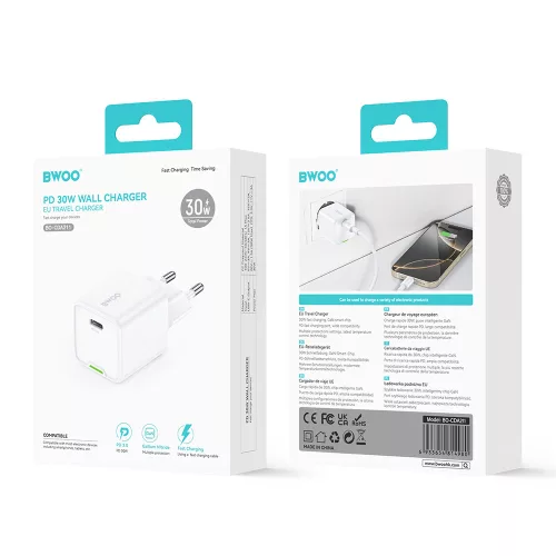 Hálózati adapter - 30W - USB-C - fehér - BWOO GaN PD