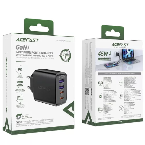 Hálózati adapter - 45W - 2x USB-A, 2x USB-C - fekete - Acefast A61