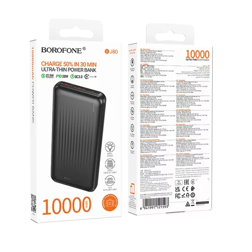 Powerbank - 10000mAh - 2xUSB-A, USB-C - fekete - QC 3.0 - Borofone (BJ80)