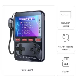   Powerbank - 10000 mAh - fekete - Yesido - Power Bank + Portable Retro Game 