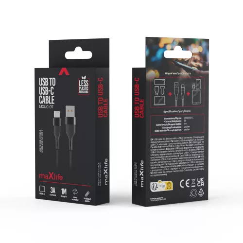 Adatkábel - 1M - USB-A - USB-C - szött - fekete - MaxLife MXUC-07