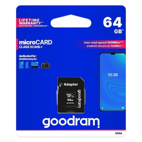 GOODRAM memory card microSD 64GB 100MB/s class 10 UHS I with adapter SD