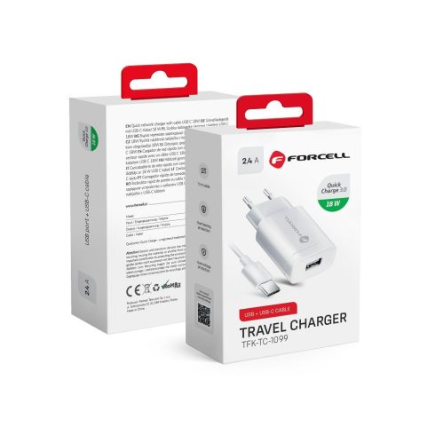 FORCELL F-ENERGY TFK-TC-1099 travel charger USB A + cable USB A to Type C QC3.0 2,4A 18W white