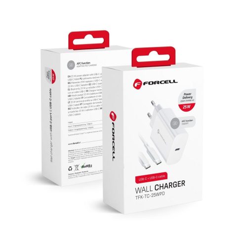 FORCELL F-ENERGY TFK-TC-25WPD travel charger Type C + cable Type C to Type C PD Q.C 3A 25W white