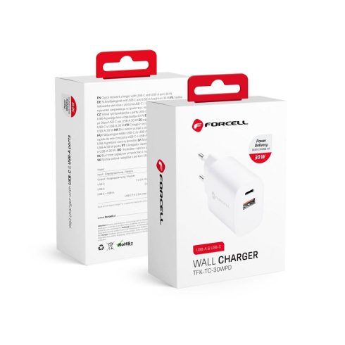 FORCELL F-ENERGY TFK-TC-30WPD travel charger Type C + USB A PD QC4.0 3A 30W white