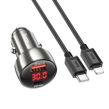   HOCO car charger USB A + Type C with digital display + cable Type C to Lightning PD QC3.0 3A 48W Z50 metal grey