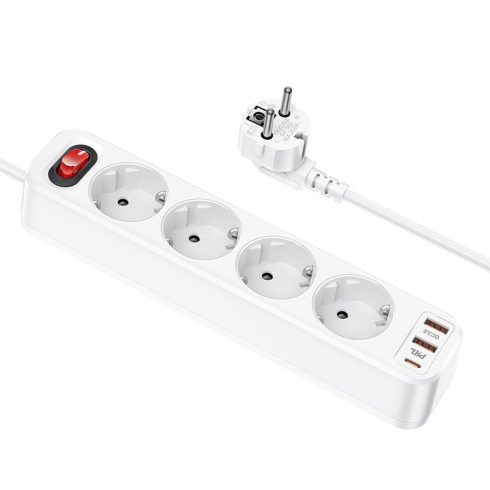 HOCO power strip 4-bit extension cable socket + 2 x USB A + Type C PD QC 3A 20W NS1 white