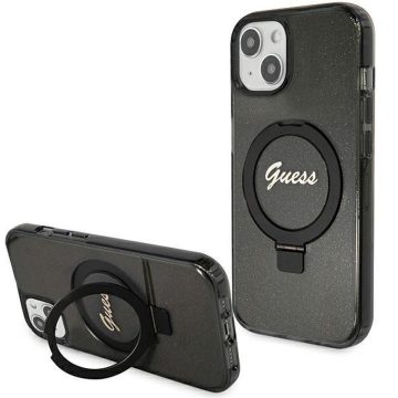   GUESS case for IPHONE 15 compatible with MagSafe GUHMP15SHRSGSK (Glitter Script Logo Ring stand) black