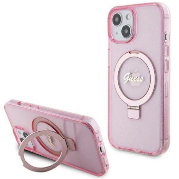   GUESS case for IPHONE 15 compatible with MagSafe GUHMP15SHRSGSP (Glitter Script Logo Ring stand) pink