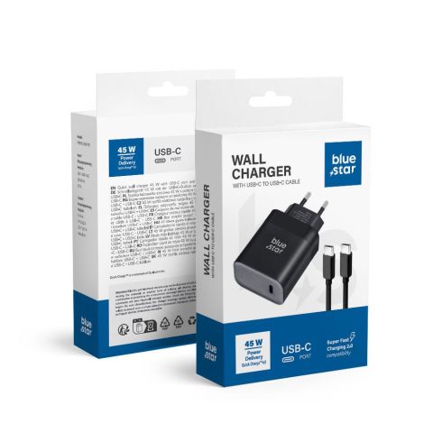 BLUE STAR travel charger Type C + cable Type C to Type C PD QC4.0 3A 45W TFB-TC-45WPD black