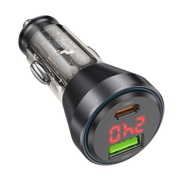   HOCO car charger USB A + Type C with digital display + cable Type C to Lightning PD QC3.0 3A 48W NZ12B transparent black