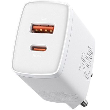   Hálózati töltő adapter, 20W, USB aljzat, USB Type-C aljzat, gyorstöltés, PD, QC 3.0, Baseus CCXJ-B02, fehér