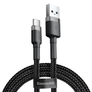   USB töltő- és adatkábel, USB Type-C, 200 cm, 2000 mA, törésgátlóval, gyorstöltés, cipőfűző minta, Baseus Cafule CATKLF-CG1, fekete/szürke