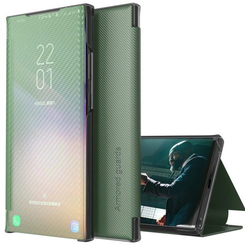 Xiaomi Redmi Note 9 5G, Oldalra nyíló tok, stand, hívás mutatóval, kevlár minta, Wooze Smart View Cover Carbon, zöld