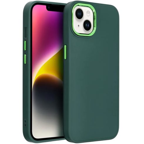 Apple iPhone 14, Szilikon tok, közepesen ütésálló, fémhatású kamera keret, Frame Case, zöld