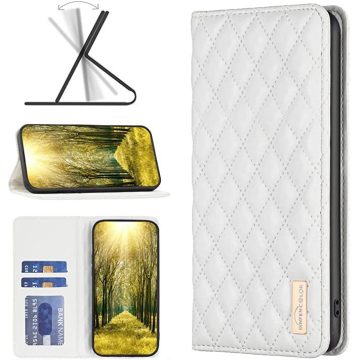   Oppo A17, Oldalra nyíló tok, stand, kártyatartóval, 3D rombusz minta, Wooze Pillow, fehér