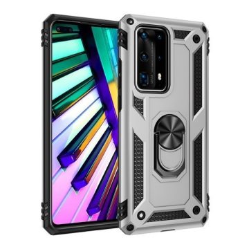   Motorola One Vision / P50, Műanyag hátlap védőtok, közepesen ütésálló, szilikon belső, telefontartó gyűrű, Defender, ezüst