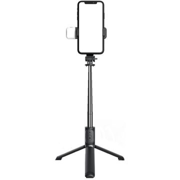   Prémium selfie bot, 19 - 104 cm, 360°-ban forgatható, exponáló gombbal, bluetooth-os, v4.0, tripod állvány funkció, világítással, fekete