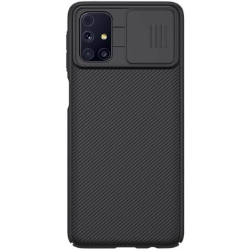   Samsung Galaxy M31s SM-M317F, Műanyag hátlap védőtok, közepesen ütésálló, kamera védelem, csíkos minta, Nillkin CamShield, fekete