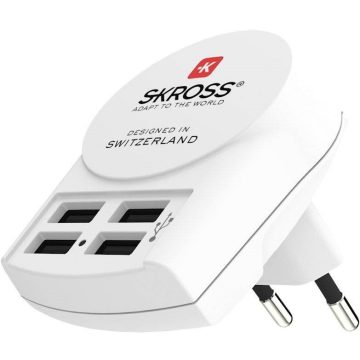   Hálózati töltő adapter, 24W, 4 x USB aljzat, SKRoss, fehér