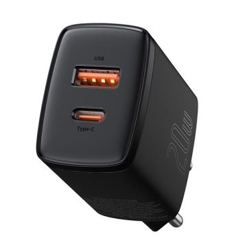   Hálózati töltő adapter, 20W, USB aljzat, USB Type-C aljzat, gyorstöltés, PD 3.0, QC 3.0, Baseus Compact, fekete