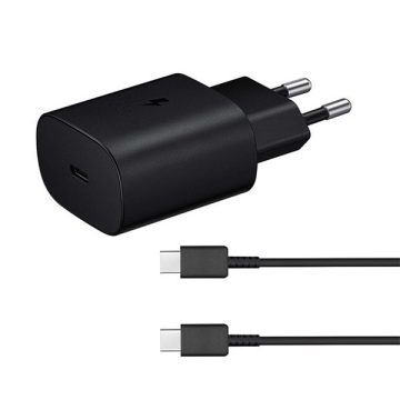   Hálózati töltő adapter, 25W, USB Type-C aljzat, USB Type-C kábellel, PD 3.0, PDO / PPS, gyorstöltés, Samsung, fekete, gyári