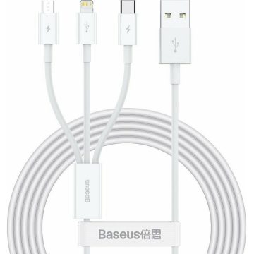   USB töltő- és adatkábel 3in1, USB Type-C, Lightning, microUSB, 150 cm, 3500 mA, törésgátlóval, gyorstöltés, Baseus Superior, CAMLTYS-02, fehér