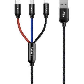   USB töltő- és adatkábel 3in1, USB Type-C, Lightning, microUSB, 120 cm, 3500 mA, gyorstöltés, cipőfűző minta, Baseus Three Primary Colors, CAMLT-BSY01, fekete/színes