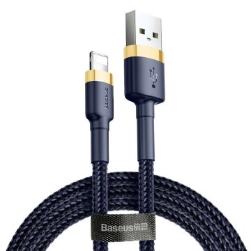   USB töltő- és adatkábel, Lightning, 100 cm, 2400 mA, törésgátlóval, gyorstöltés, cipőfűző minta, Baseus Cafule, CALKLF-BV3, sötétkék/arany