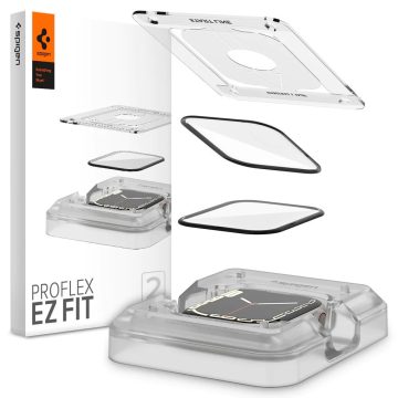   Apple Watch 7 (45mm), Kijelzővédő fólia, ütésálló fólia (az íves részre is!), Tempered Glass (edzett üveg), Spigen Pro Ez Fit, fekete, 2 db / csomag