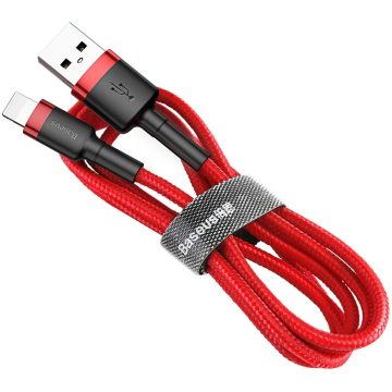   USB töltő- és adatkábel, Lightning, 50 cm, 2400 mA, törésgátlóval, gyorstöltés, cipőfűző minta, Baseus Cafule, CALKLF-A09, piros