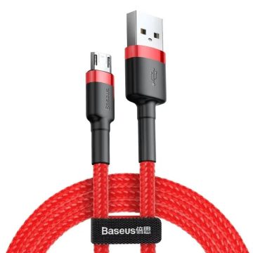   USB töltő- és adatkábel, microUSB, 200 cm, 1500 mA, törésgátlóval, cipőfűző minta, Baseus Cafule, CAMKLF-C09, piros