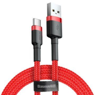   USB töltő- és adatkábel, USB Type-C, 200 cm, 2000 mA, törésgátlóval, gyorstöltés, cipőfűző minta, Baseus Cafule CATKLF-C09, piros