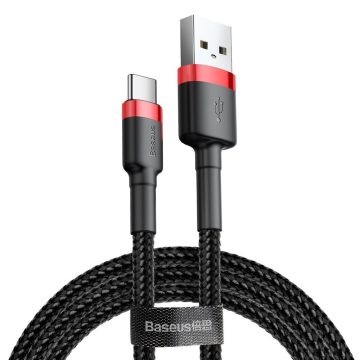   USB töltő- és adatkábel, USB Type-C, 300 cm, 2000 mA, törésgátlóval, gyorstöltés, cipőfűző minta, Baseus Cafule CATKLF-U91, fekete/piros