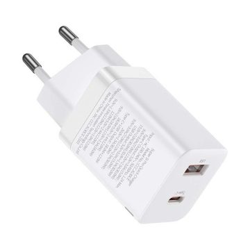   Hálózati töltő adapter, 30W, USB aljzat, USB Type-C aljzat, gyorstöltés, PD 3.0, QC 3.0, Baseus Super SI Pro, fehér