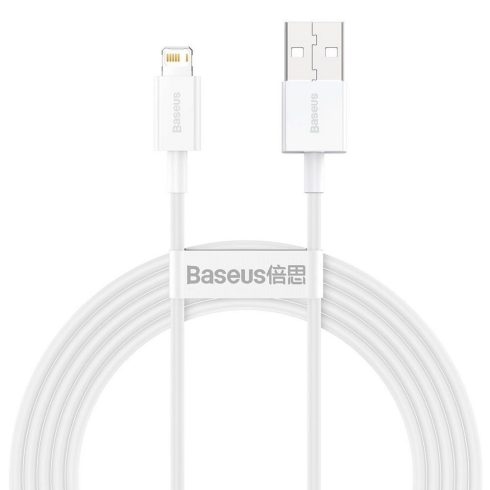 USB töltő- és adatkábel, Lightning, 200 cm, 2400 mA, törésgátlóval, gyorstöltés, PD, Baseus Superior, CALYS-C02, fehér