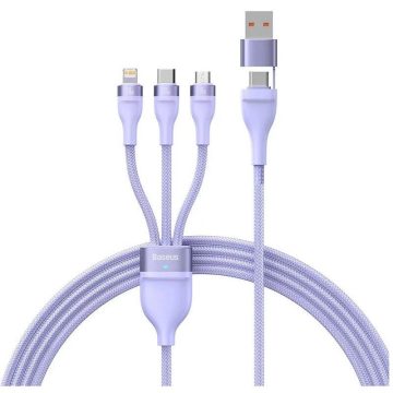   USB / USB Type-C töltő- és adatkábel 3in1, USB Type-C, Lightning, microUSB, 120 cm, 100W, törésgátlóval, gyorstöltés, PD, QC, cipőfűző minta, Baseus Flash Series 2, CASS030105, lila